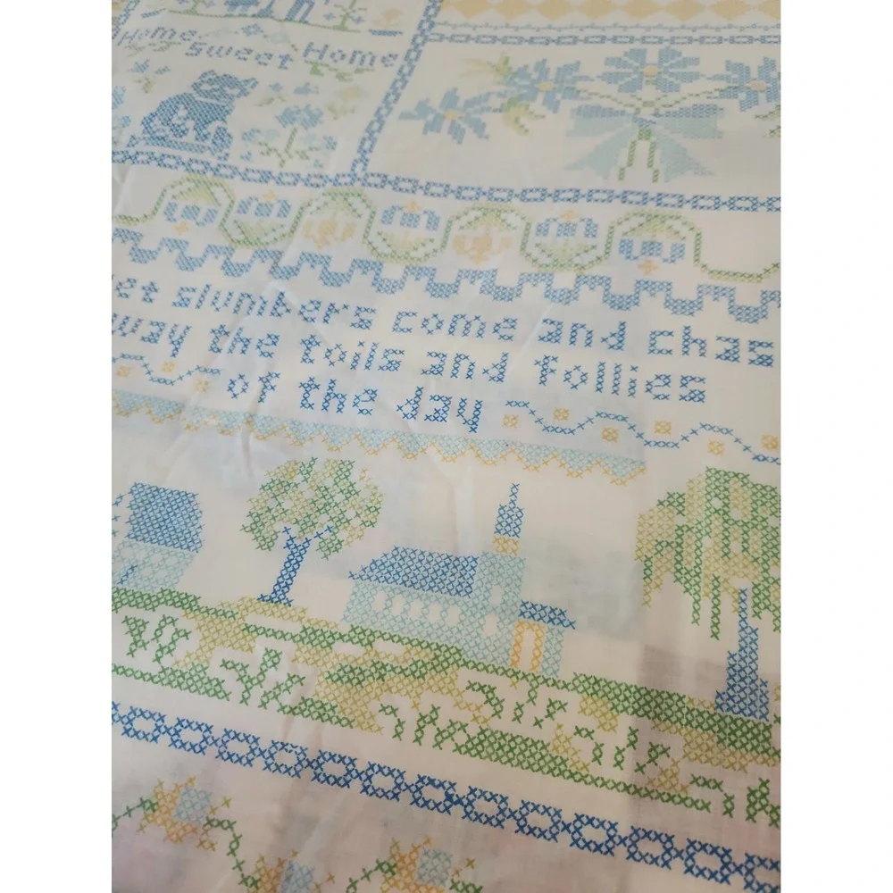 Vtg 70's Perma-Prest Full Flat Sheet Faux Cross Stitch Cottagecore Country